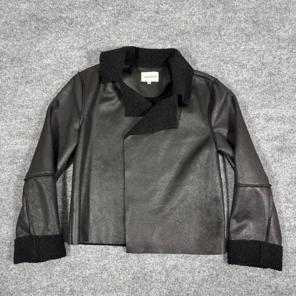 VIGOSS Faux Shearling Open front Moto Jacket Womens M Black Streetwear Biker